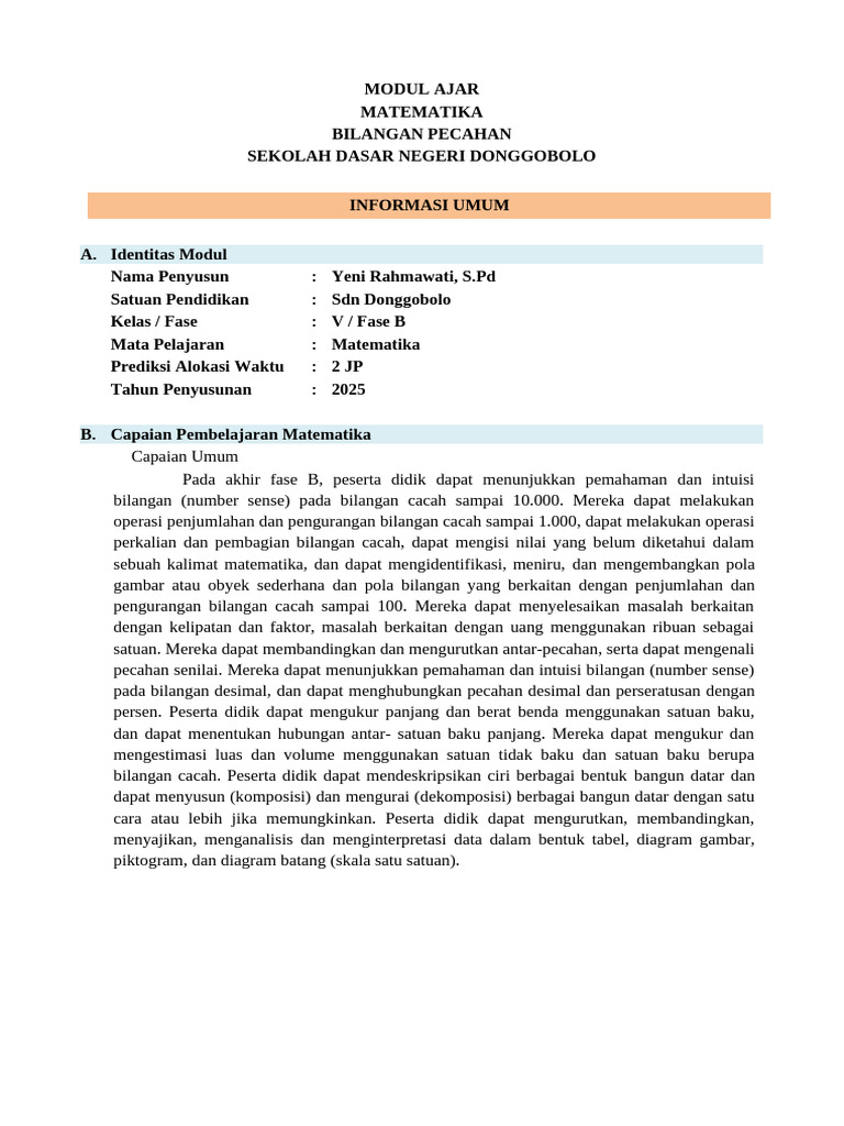 Modul Ajar Pecahan Matematika SD | PDF