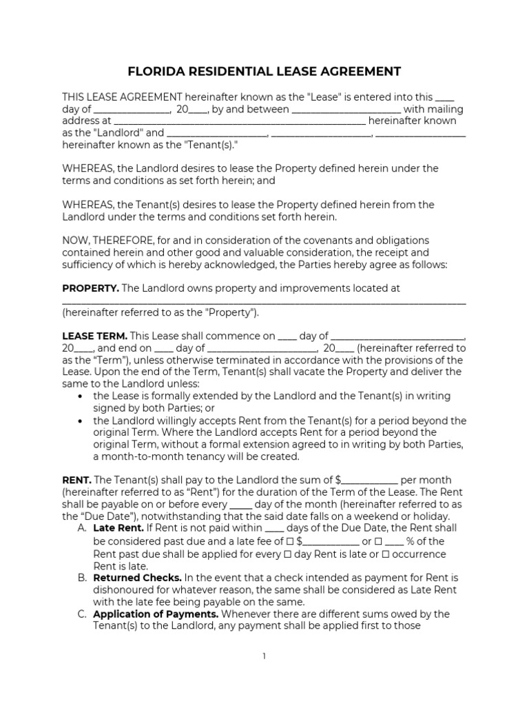 Florida Residential Lease Agreement | PDF | Lease | Leasehold Estate