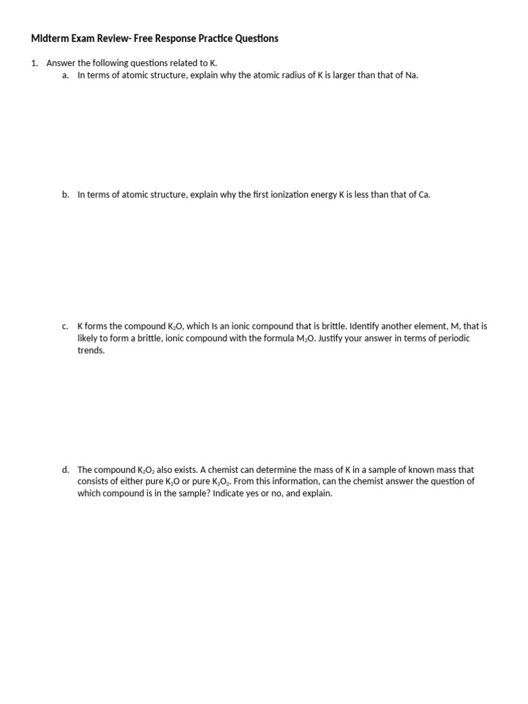 Midterm Exam Review: Chemistry Practice Questions | PDF | Atoms ...
