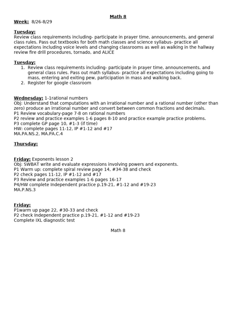 Math 8 Weekly Lesson Plan | PDF