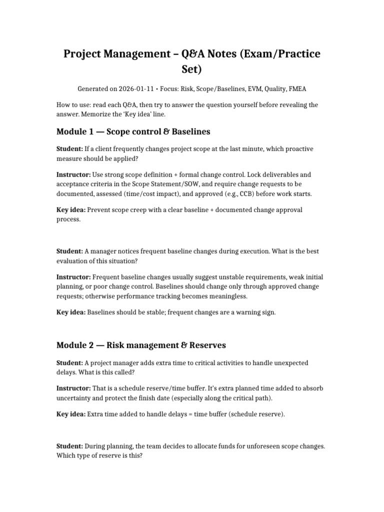 PM QnA Notes From Exam Practice Jan12 2026 | PDF | Risk | Business