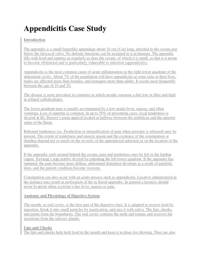 Appendicitis Case Study PDF Stomach Human Digestive System
