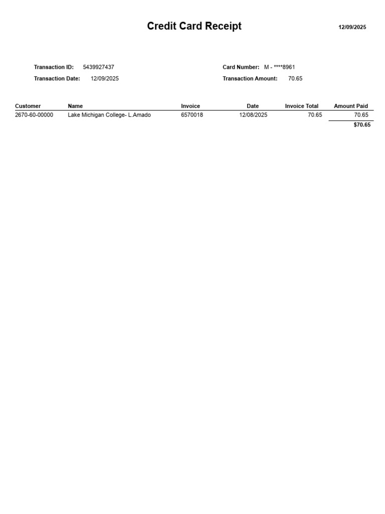 Credit Card Receipt for Lake Michigan College | PDF