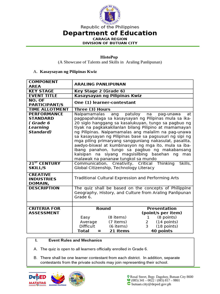 Histopop Kasaysayan Quiz 2025 | PDF | Cognition | Learning