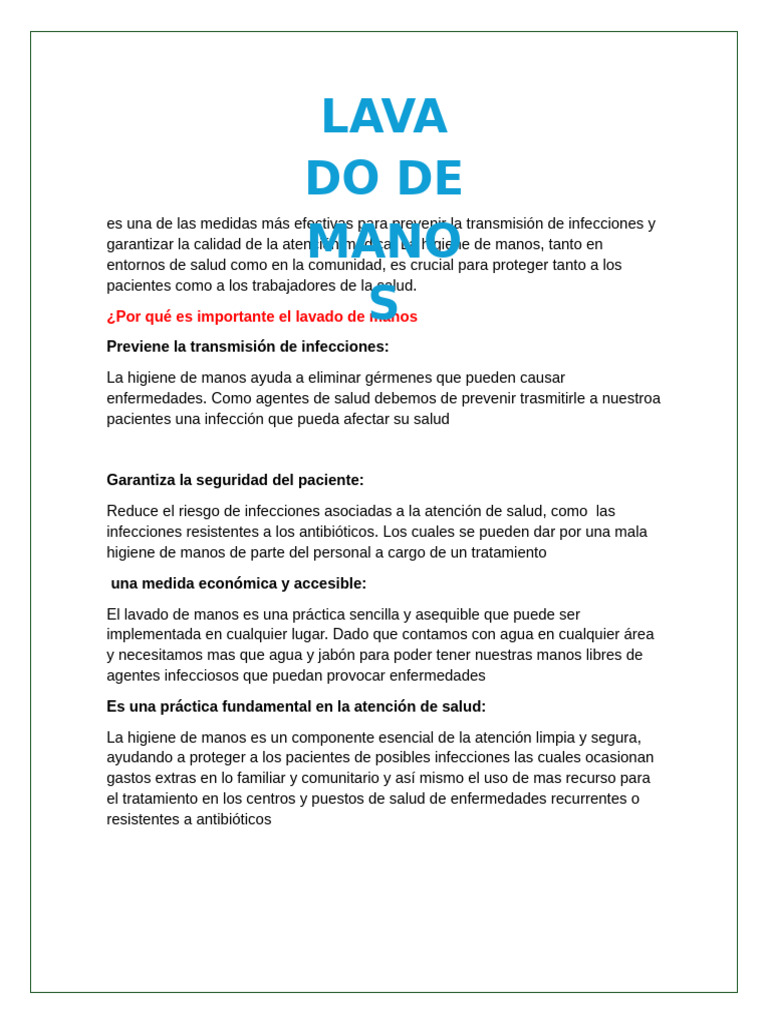 Importancia del Lavado de Manos en Salud | PDF | Lavado de manos | Higiene