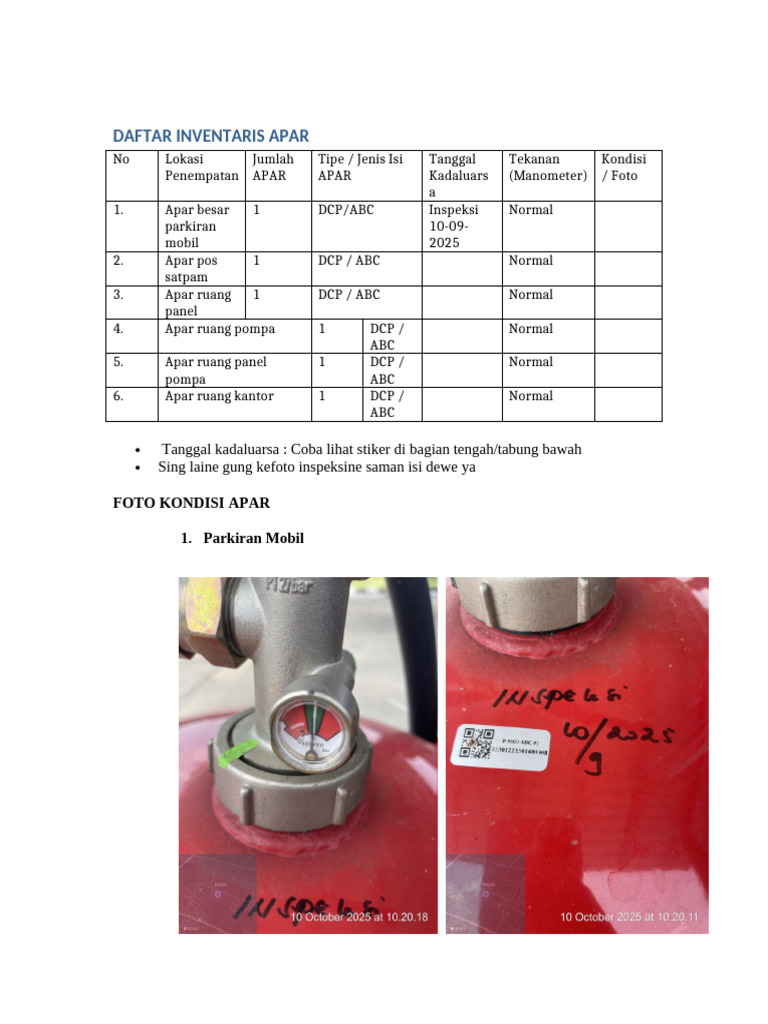 Daftar Inventaris APAR Lengkap | PDF