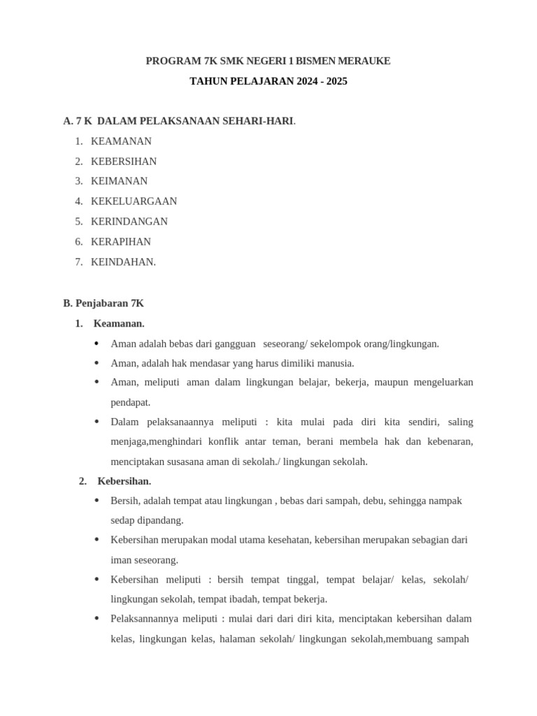Program 7K SMK Negeri 1 Bismen Merauke | PDF