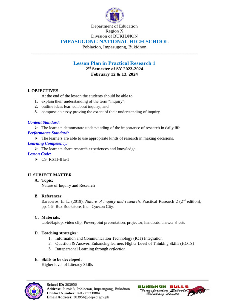 Inquiry and Research Lesson Plan | PDF | Inquiry | Learning