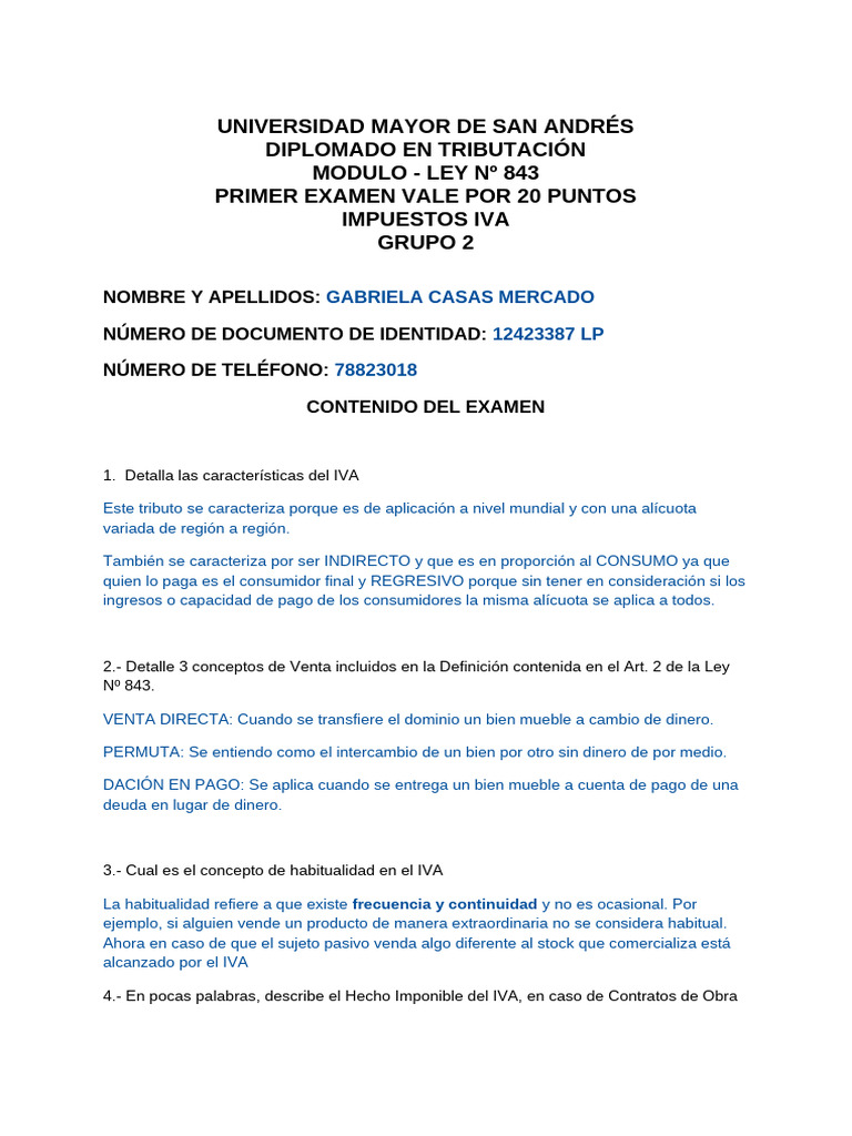 Examen sobre IVA y Ley Nº 843 | PDF | Impuesto al valor agregado ...