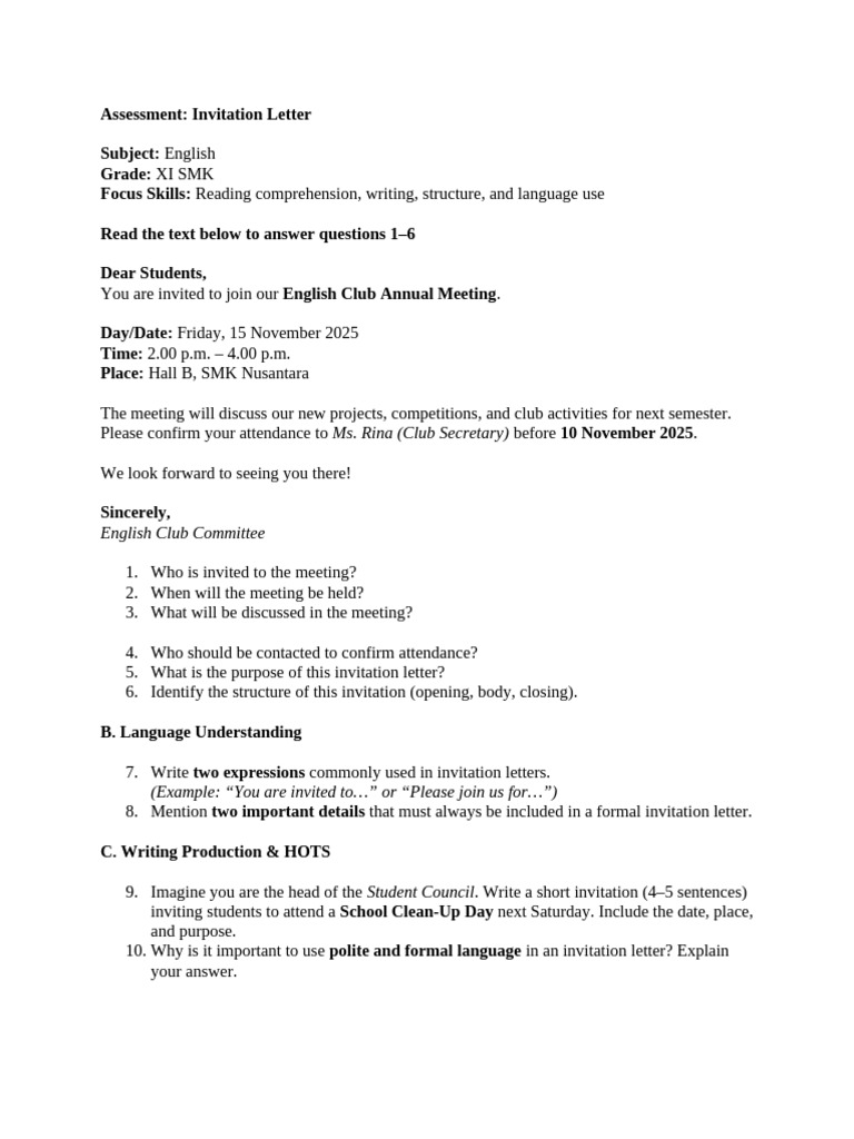 English Club Meeting Invitation Assessment | PDF