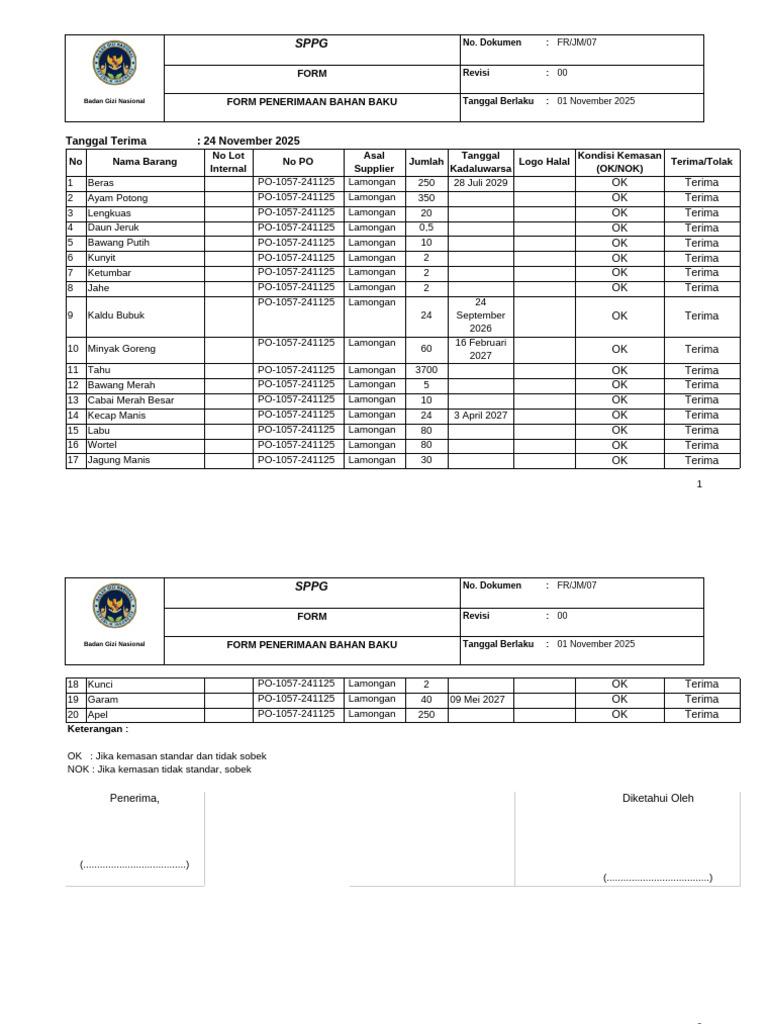 Form Penerimaan Bahan Baku SPPG | PDF