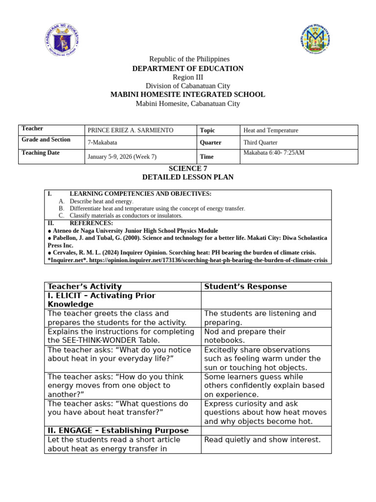 Heat and Temperature Lesson Plan | PDF | Heat | Teachers