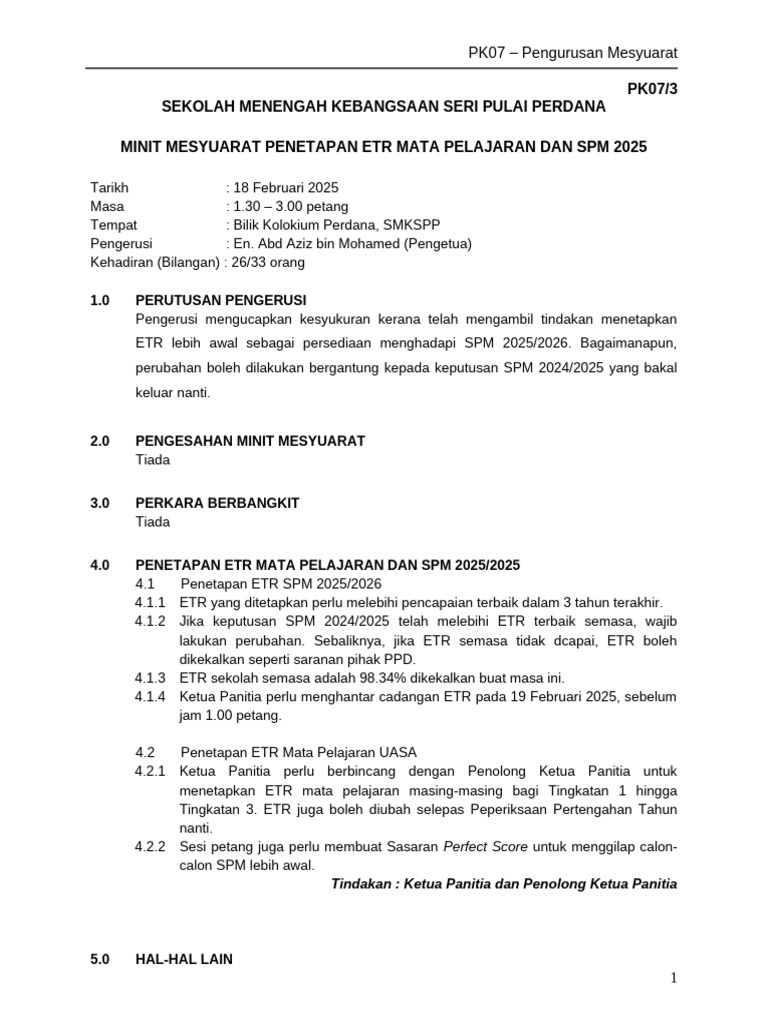 Penetapan ETR SPM 2025 di SMKSPP | PDF
