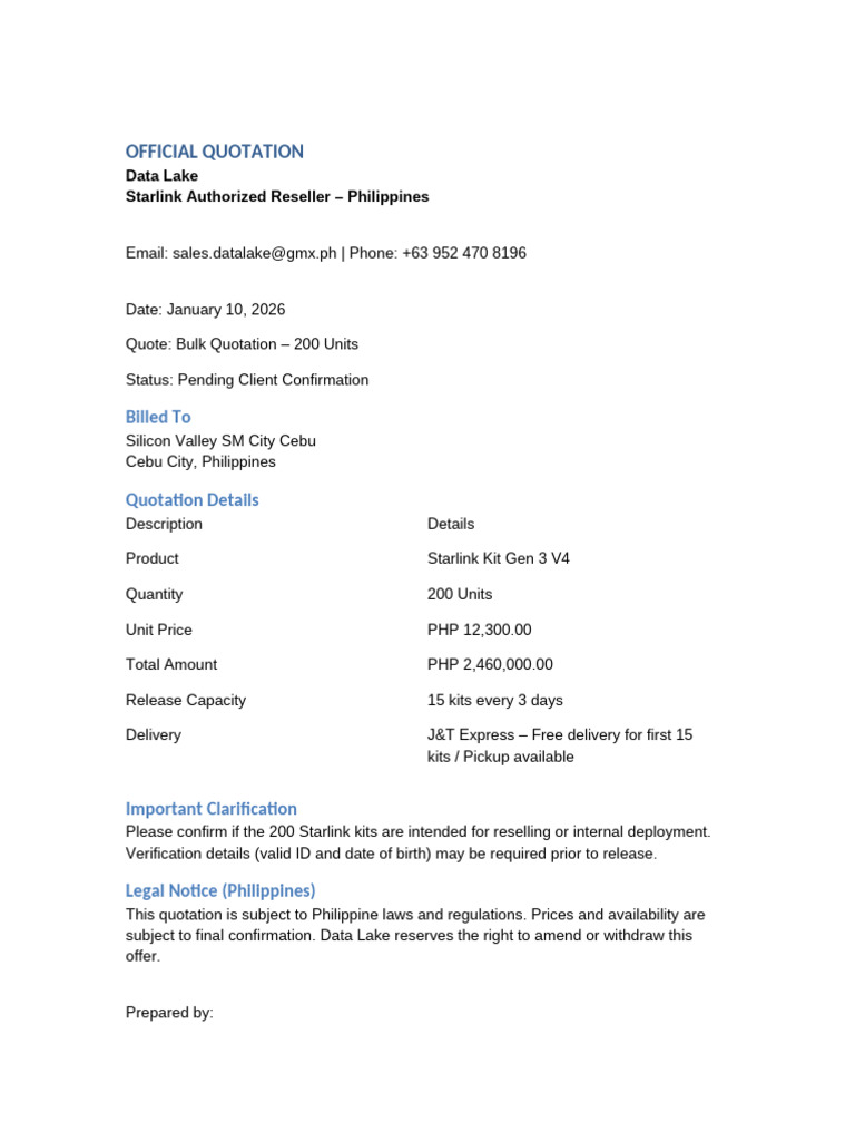 Starlink Kit Bulk Quotation - 200 Units | PDF
