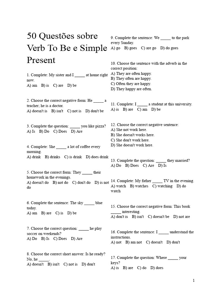 50 Questions on Verb To Be & Simple Present | PDF | Grammar | Syntax