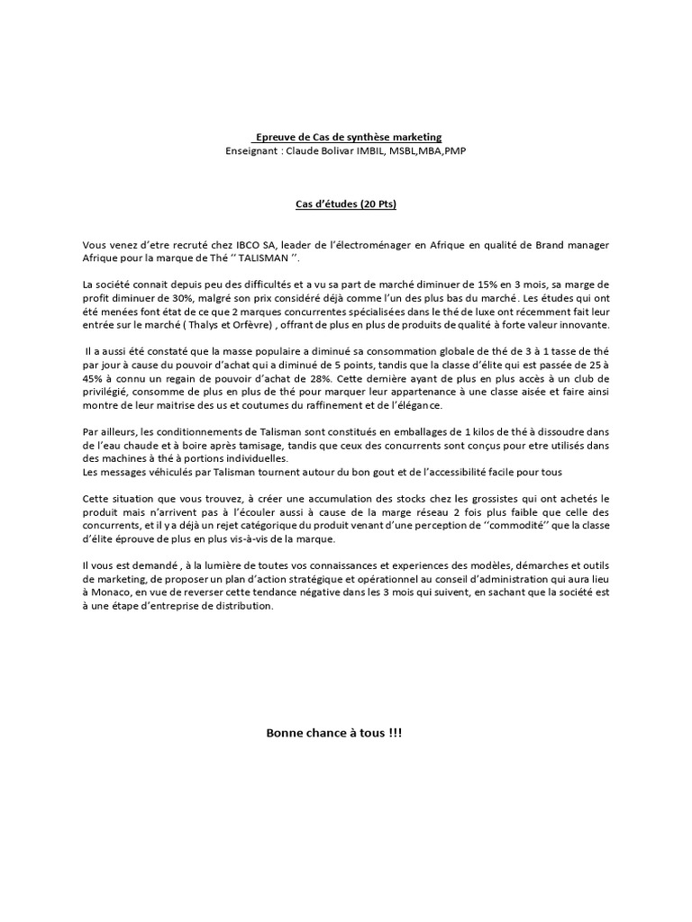 Plan stratégique pour relancer Talisman | PDF | Commercialisation | Thé