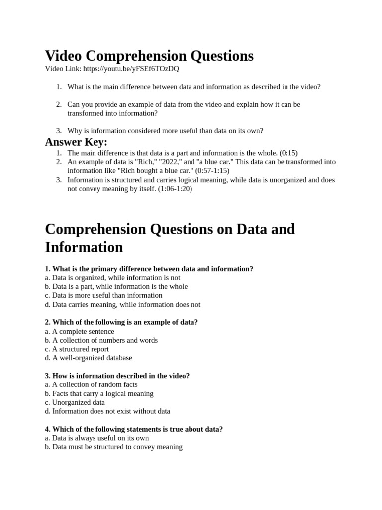 Data vs. Information: Comprehension Quiz | PDF | Information | Chess