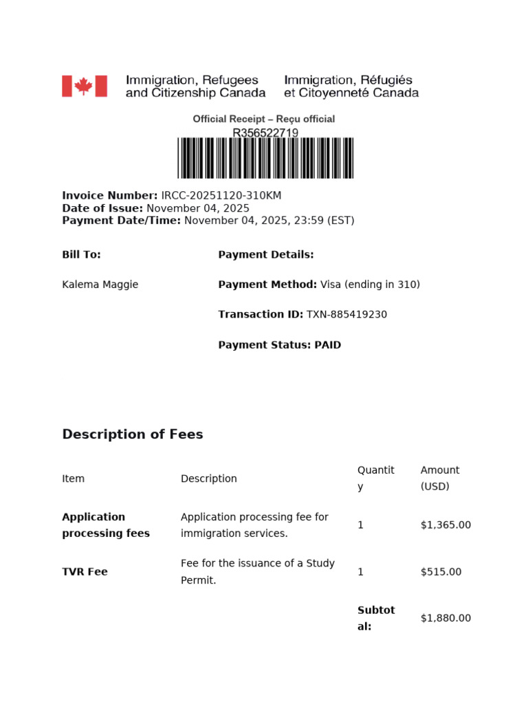 Official IRCC Payment Receipt 2025 | PDF | Receipt | Payments