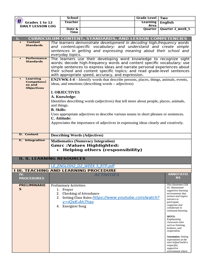 Daily Lesson Log: Describing Words | PDF | Learning | Educational ...