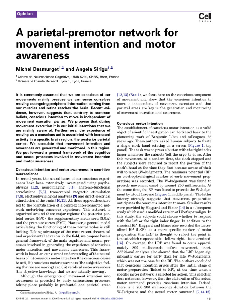 Parietal-Premotor Network in Movement Awareness | PDF | Consciousness ...