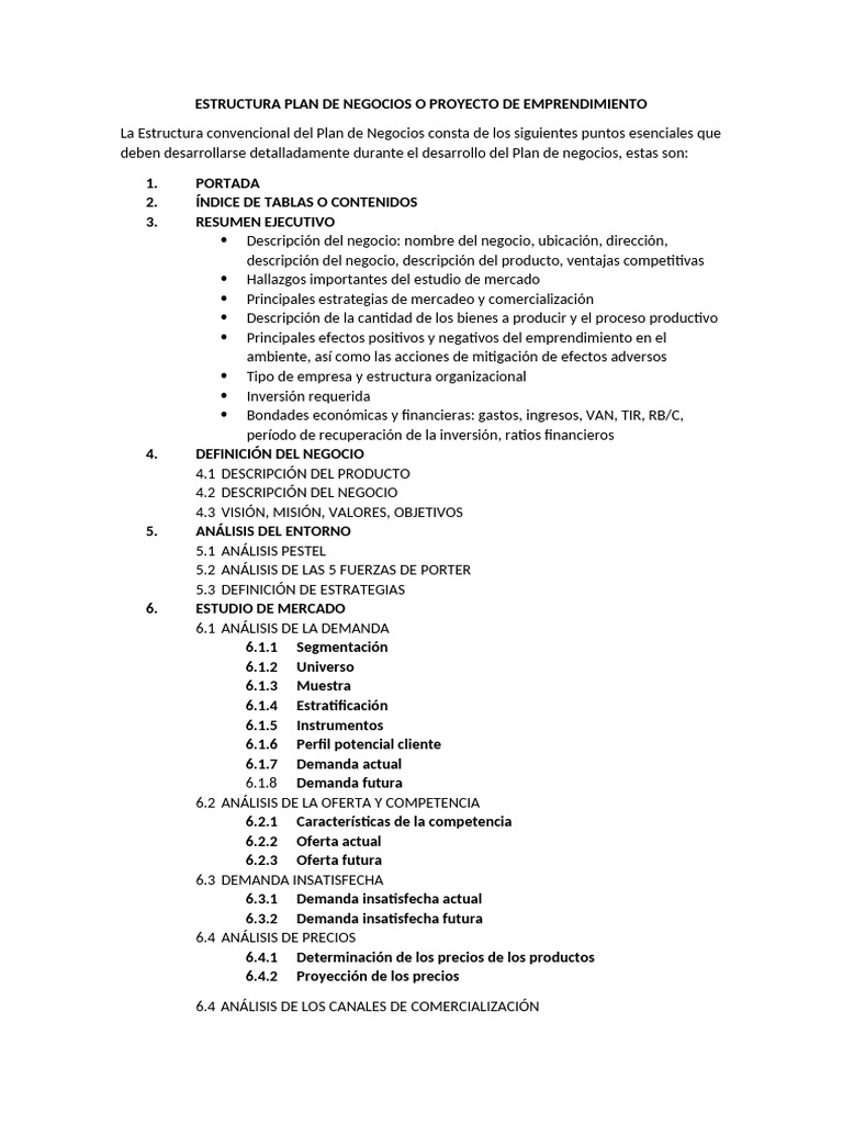 Estructura Plan de Negocios o Proyecto de Emprendimiento | PDF ...