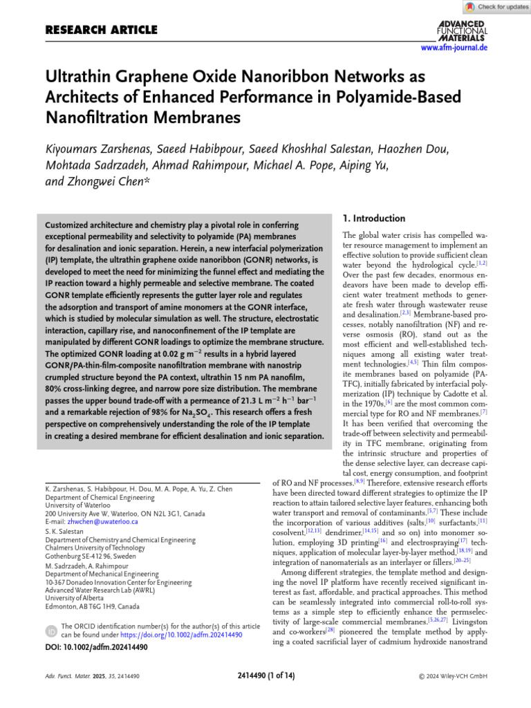Ultrathin Graphene Oxide for Membrane Performance | PDF | Membrane ...