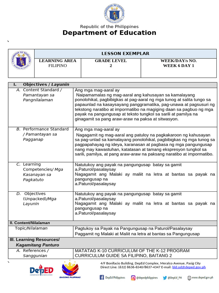 Lesson Exemplar in Filipinodemo | PDF