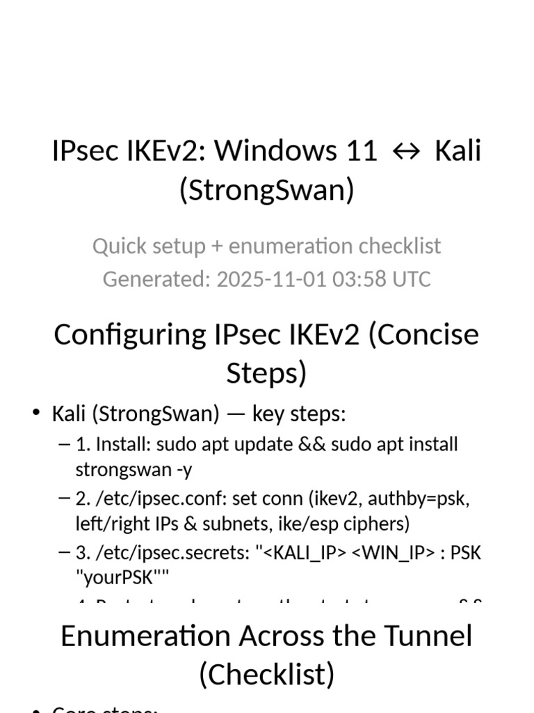 IPsec IKEv2 Setup: Windows 11 & Kali | PDF