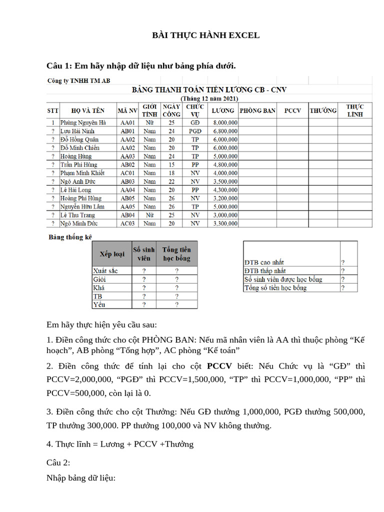 Bài TH C Hành Excel | PDF
