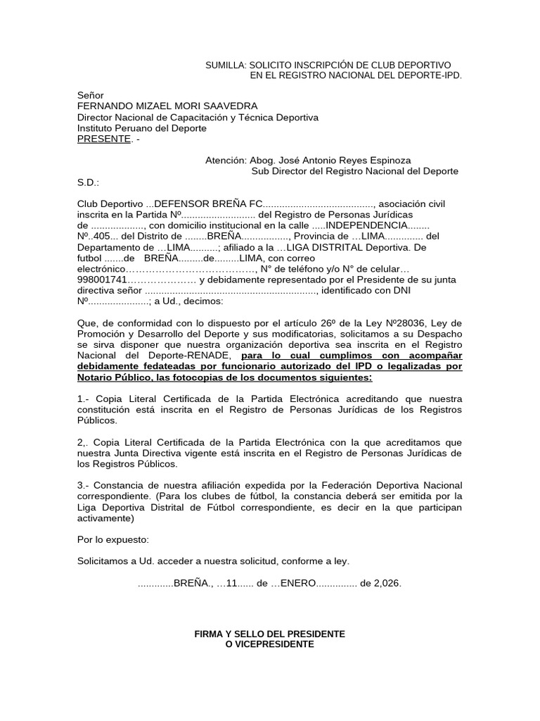 Formato de Inscripcion de Clubes en Renade-Defensor Breña | PDF
