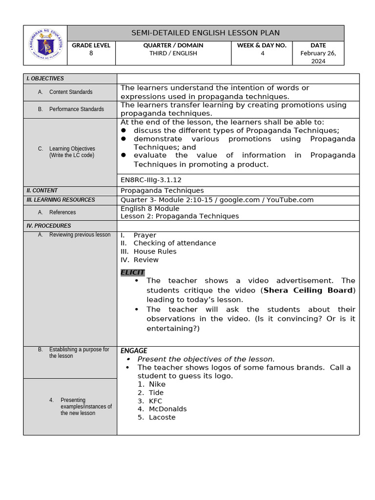 Grade 8 Lesson Plan on Propaganda Techniques | PDF | Propaganda ...