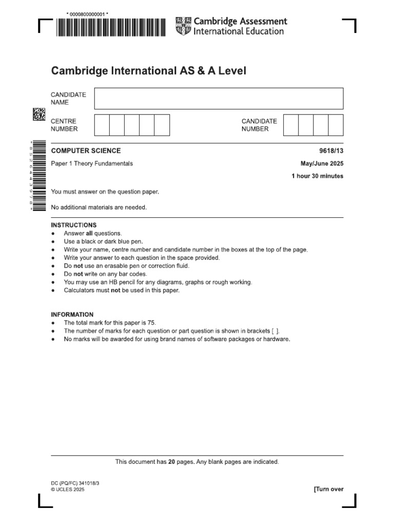 Aice Computer Science Paper As Level Paper 13 | PDF