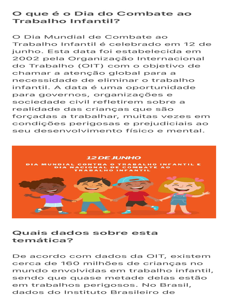 Dia Mundial de Combate ao Trabalho Infantil | PDF | Trabalho infantil ...
