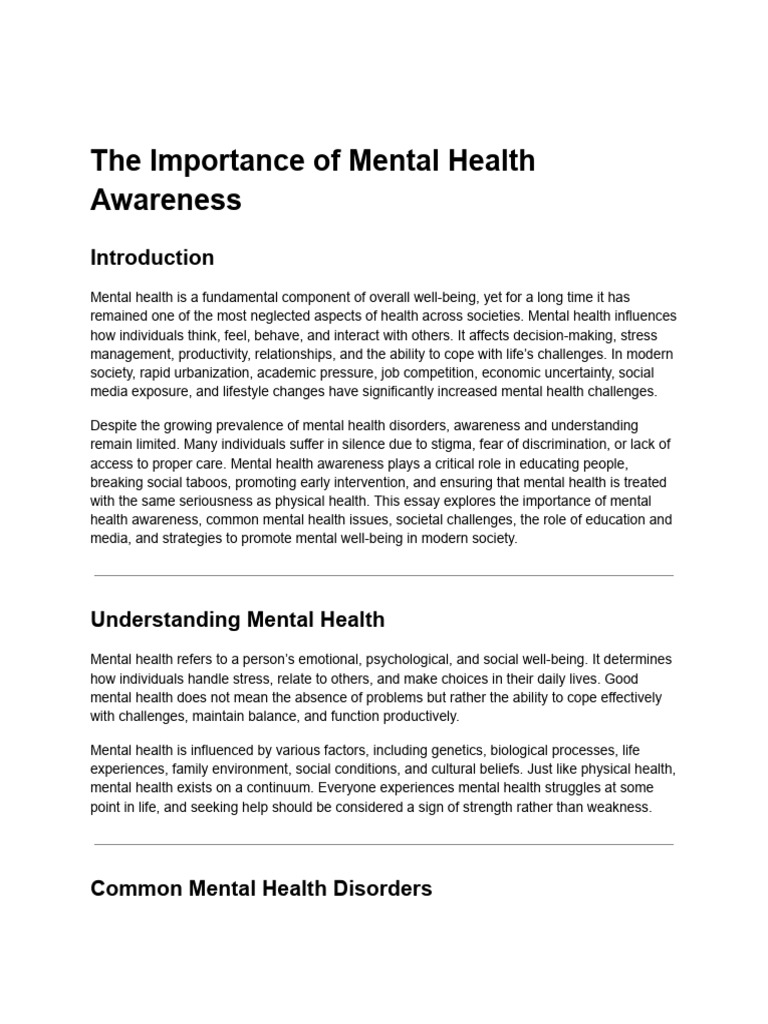 Importance of Mental Health Awareness | PDF | Mental Health | Mental ...