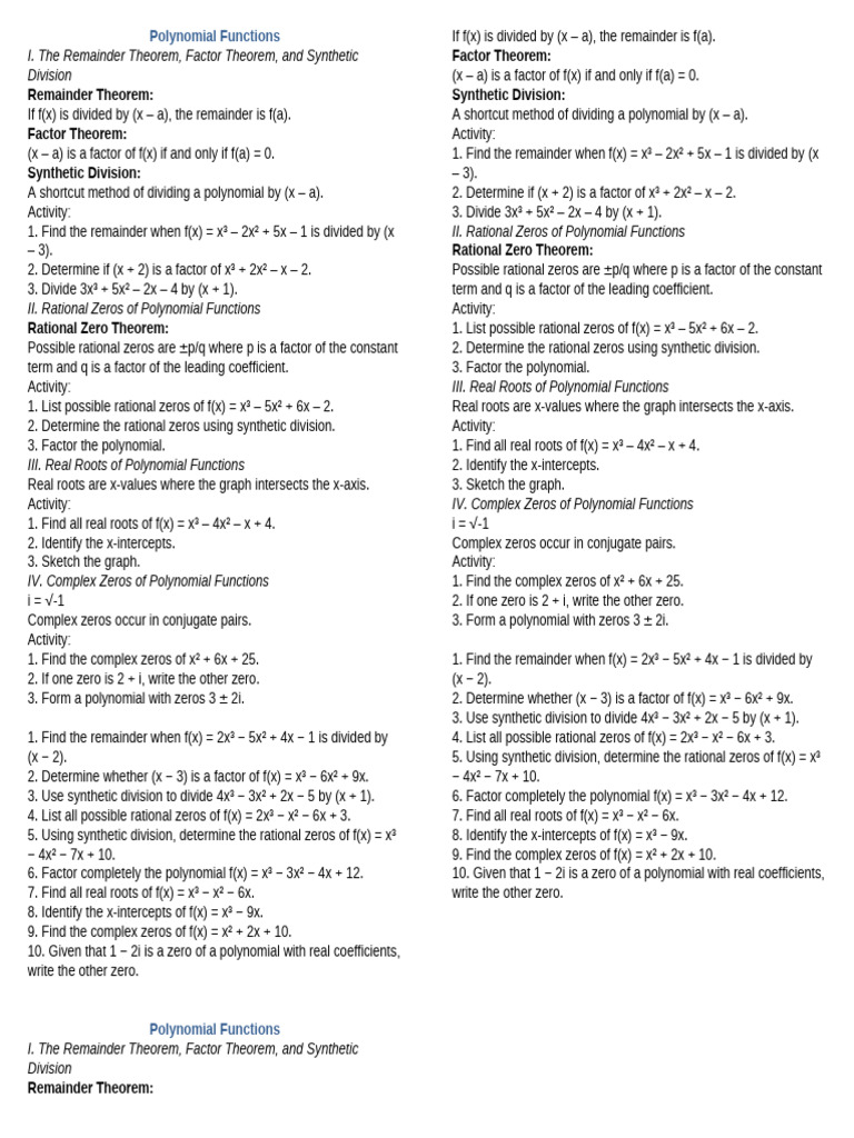 Polynomial Functions: Theorems & Zeros | PDF | Factorization | Zero Of ...