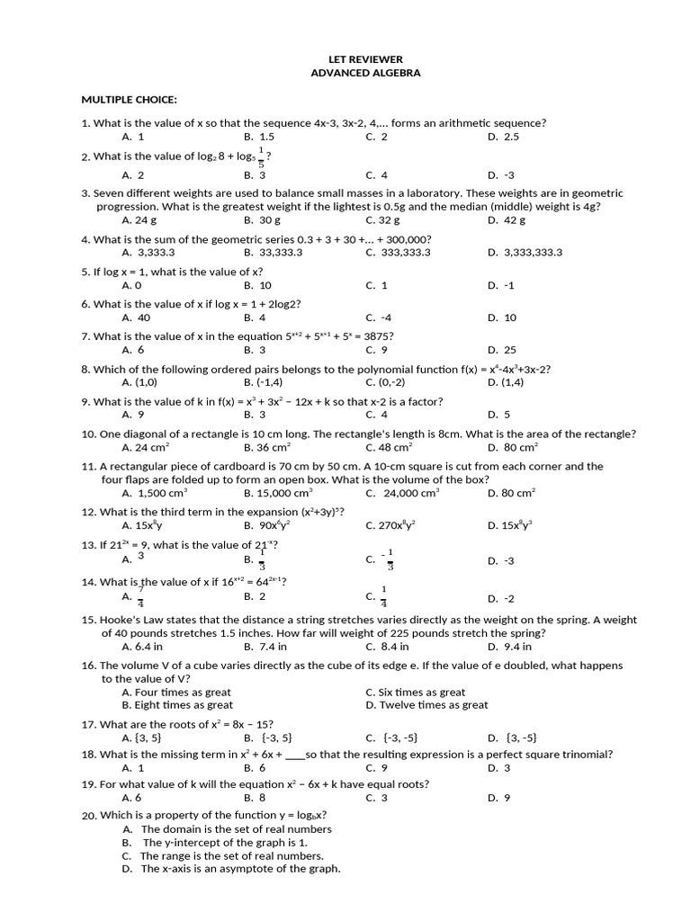 Advanced Algebra Multiple Choice Questions | PDF | Factorization ...
