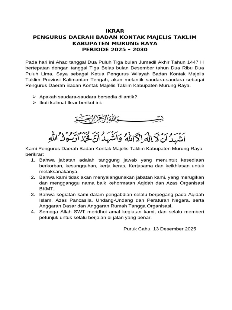 Ikrar Pengurus BKMT Murung Raya 2025 | PDF