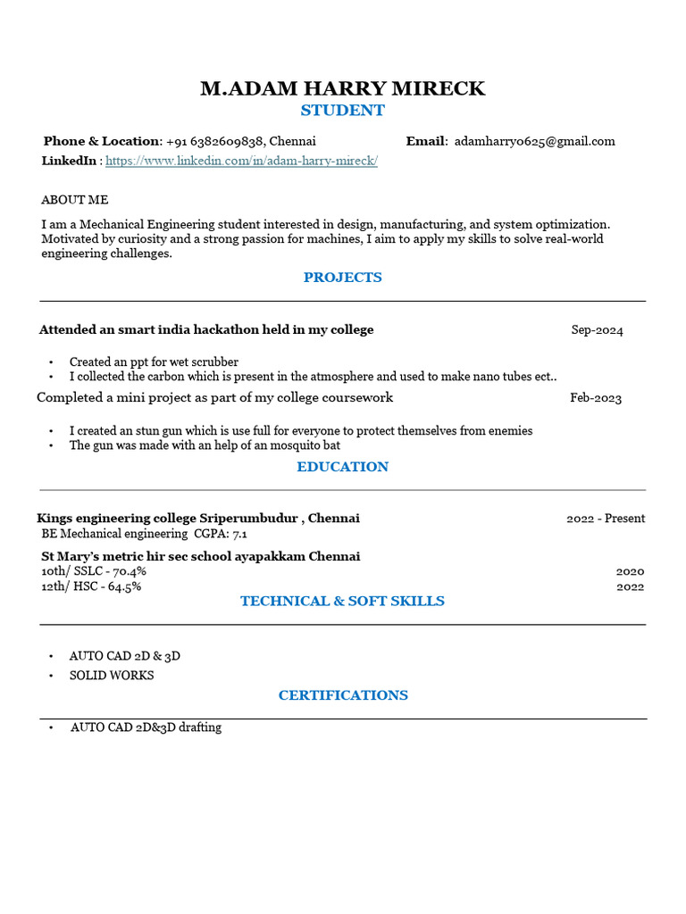 Mechanical Engineering Student Profile | PDF