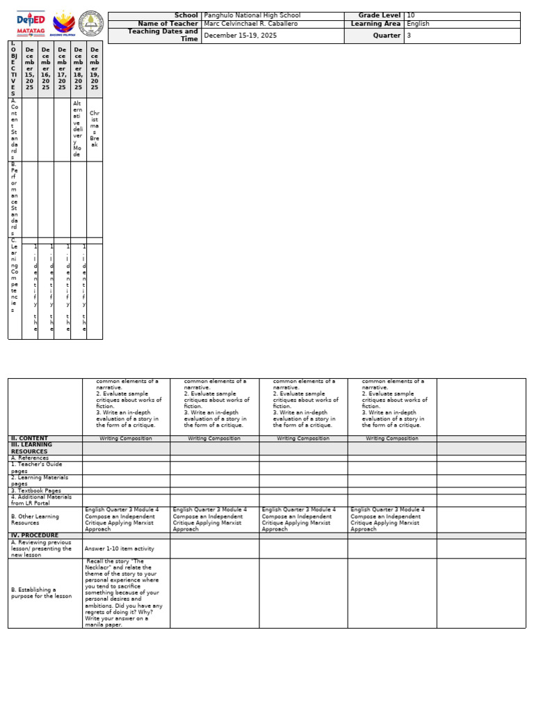 English Critique Lesson Plan 2025 | PDF | Evaluation | Marxism