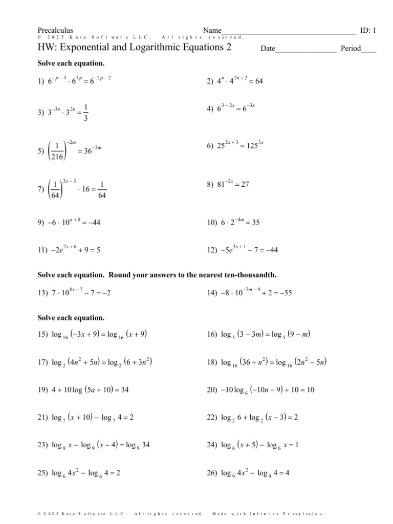 HW Exponential and Logarithmic Equations 2 | PDF | Mathematical ...