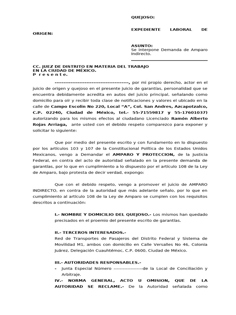 Demanda de Amparo Indirecto Laboral | PDF | Justicia | Crimen y violencia
