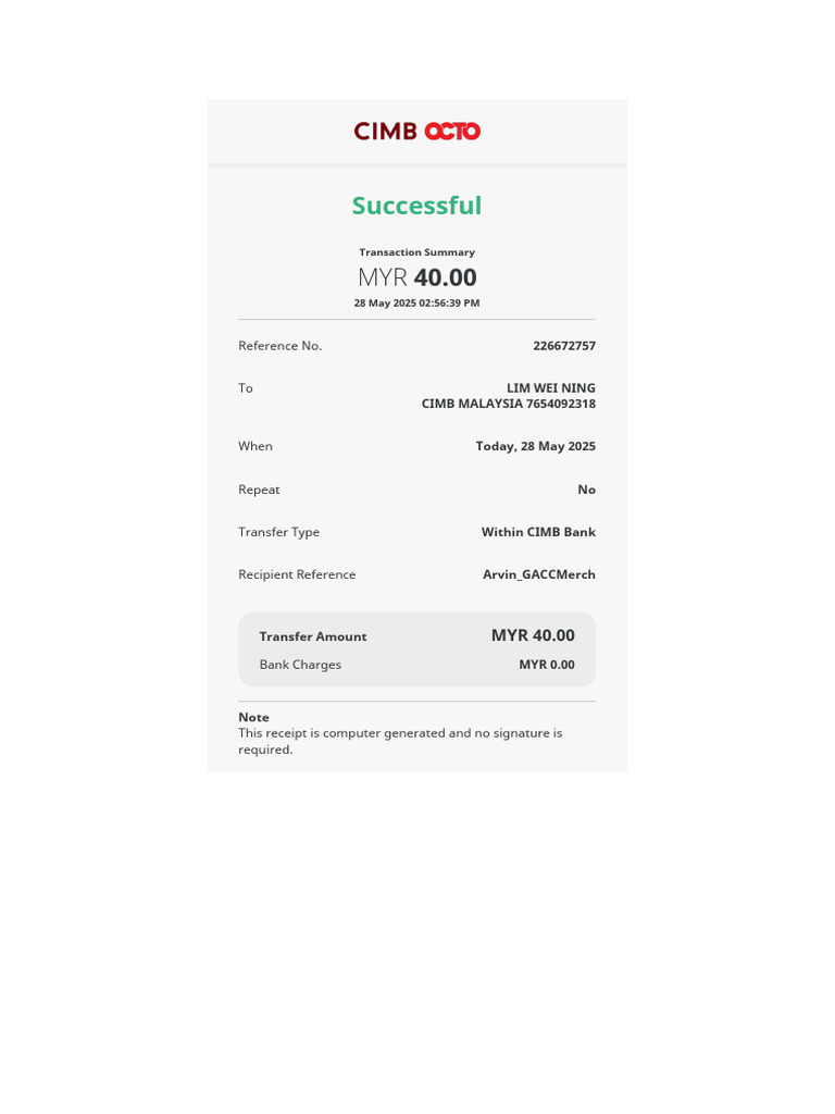 CIMB Transaction Summary: MYR 40.00 | PDF