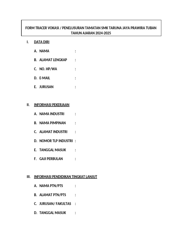 Form Tracer Vokasi SMK Taruna Jaya 2024 | PDF