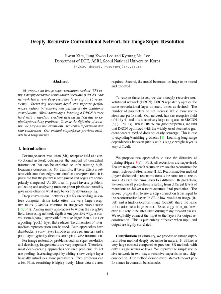 Deeply-Recursive CNN for Image SR | PDF | Applied Mathematics | Algorithms