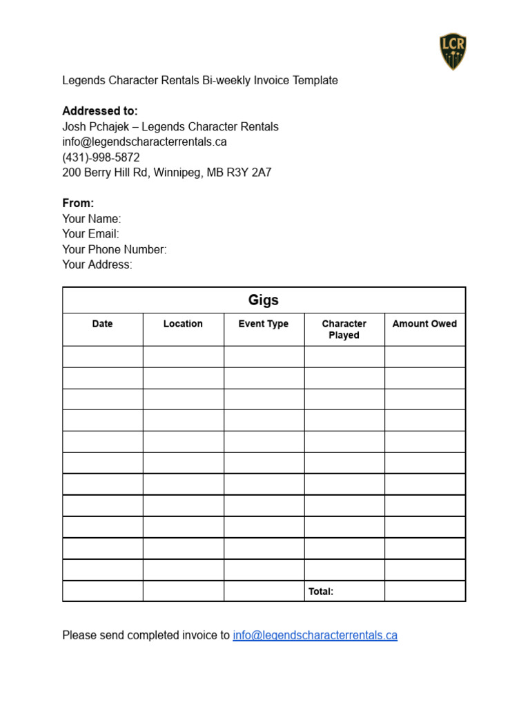 Bi-weekly Invoice Template for Rentals | PDF