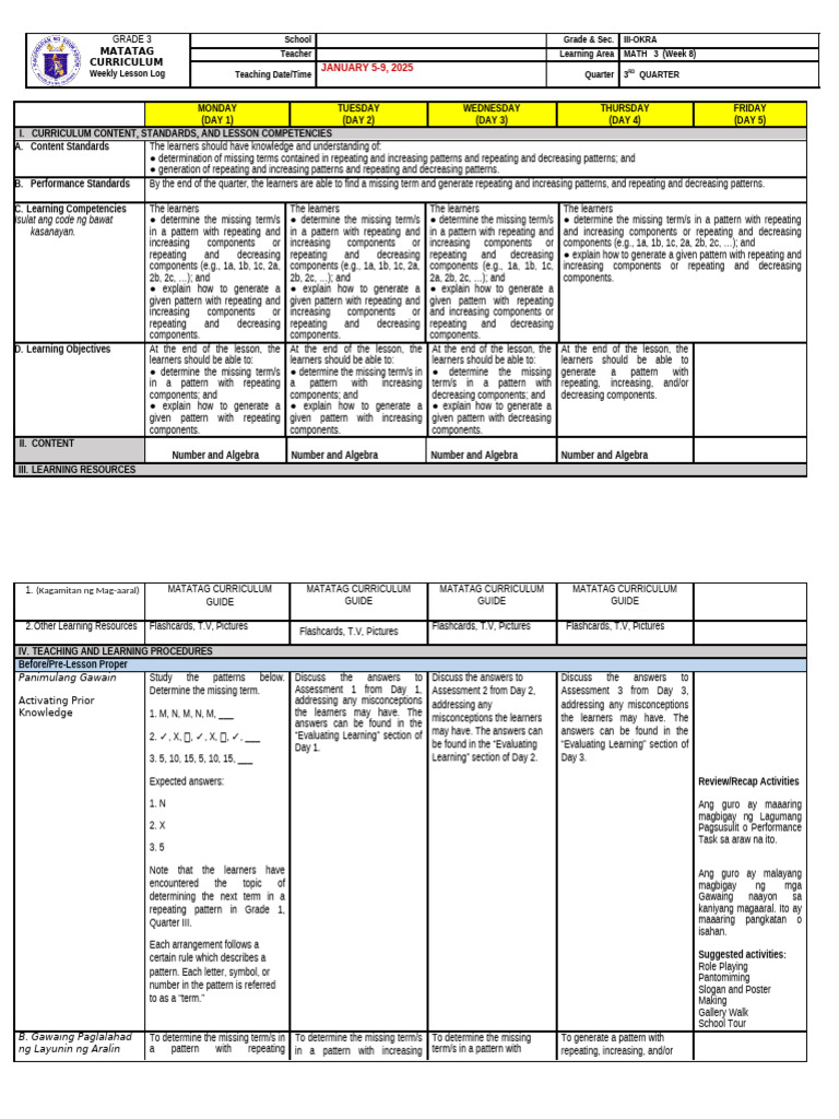 Grade 3 Math Patterns Lesson Plan | PDF | Bead | Pattern