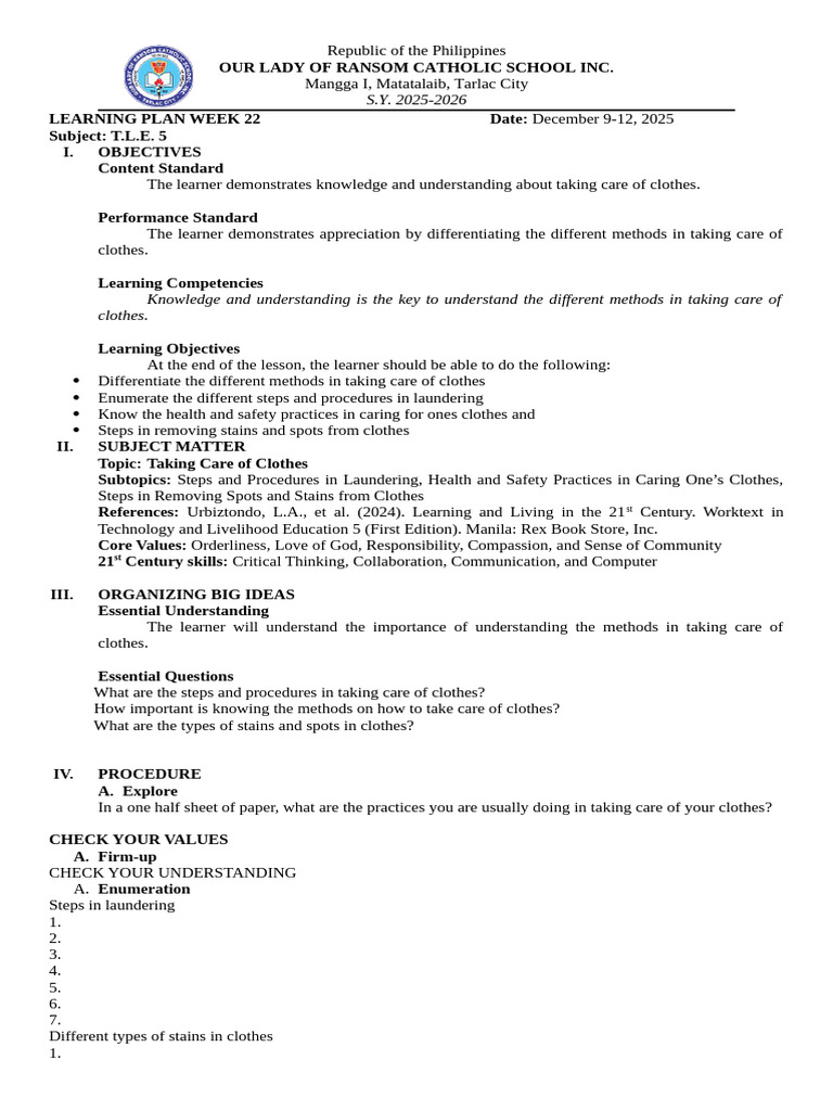 Lp Tle 5 q3(Week 22) | PDF | Learning | Cognition