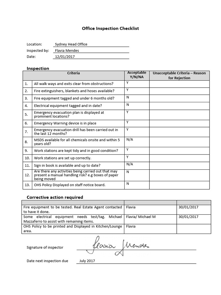 Office Inspection Checklist Sydney 2017 | PDF