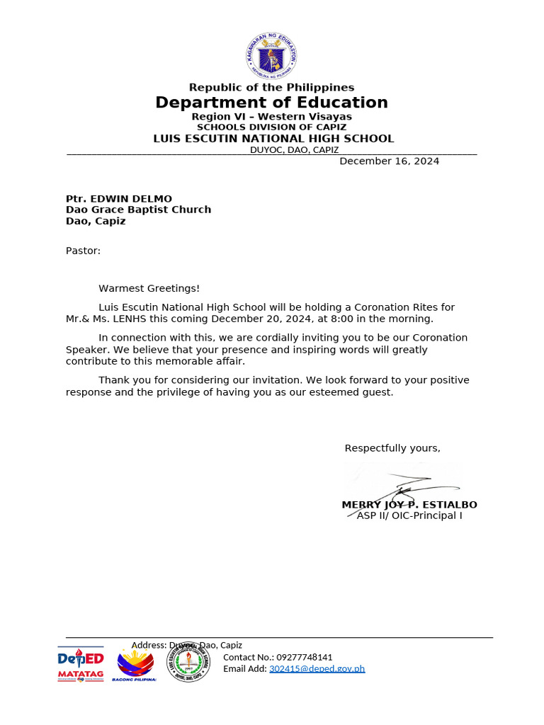 Invitation to LENHS Coronation Rites | PDF
