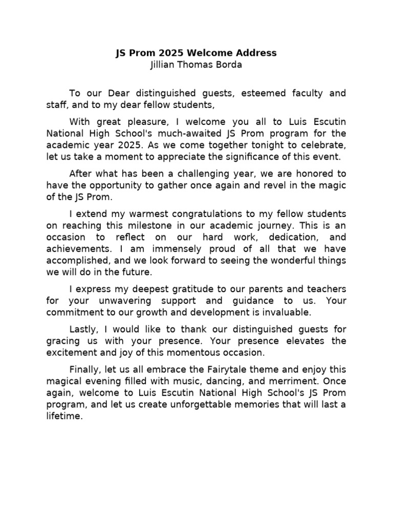JS Prom 2025 Welcome Address | PDF